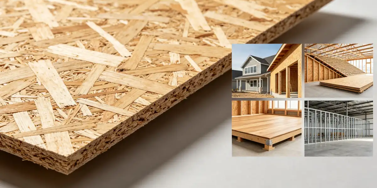 Raw OSB oriented strand board texture close-up, construction wood panel for house framing